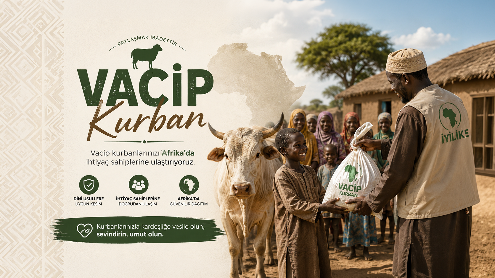 Kurban bağışlarınız Afrika'da yeni M&uuml;sl&uuml;man olan k&ouml;ylerde kesilip dağıtılacaktır. 